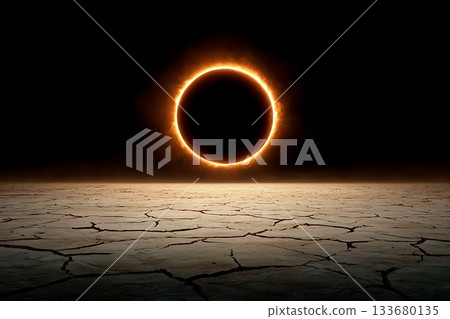 Stunning Solar Eclipse Over Parched Earth Under Starry Night Sky at Twilight Stunning Solar Eclipse Over Parched Earth Under Starry Night Sky at Twilight 133680135
