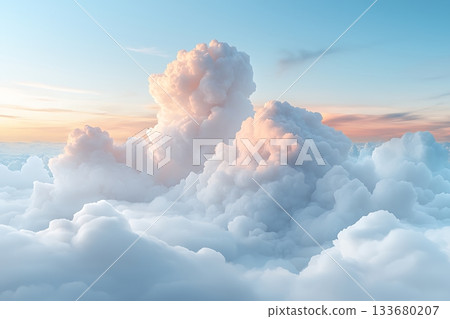 Soft Cotton Clouds in a Gentle Sunrise Sky Above a Dreamy Horizon at Dawn Soft Cotton Clouds in a Gentle Sunrise Sky Above a Dreamy Horizon at Dawn 133680207