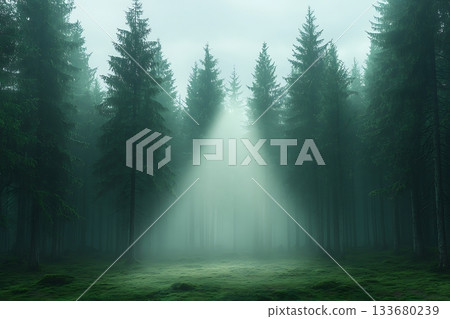Ethereal Forest Landscape with Soft Light Beam Illuminating Misty Pine Trees in Fog 133680239