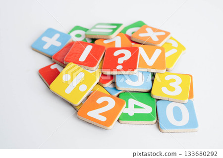 Number wood block cubes for learning Mathematic, education math. 133680292