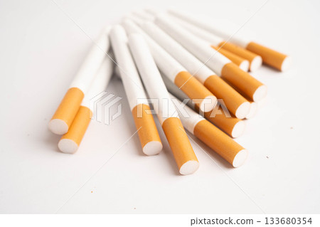 Cigarette, roll tobacco in paper with filter tube, No smoking. 133680354