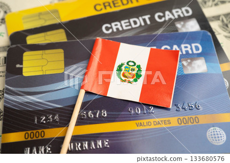 Peru flag on credit card, finance economy trading shopping online business. Peru flag on credit card, finance economy trading shopping online business. 133680576
