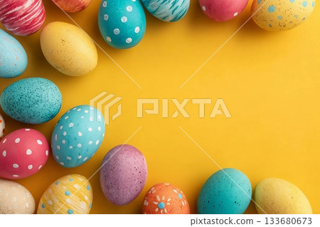 Happy Easter! Yellow background with colorful easter eggs. Top view with copy space. 133680673