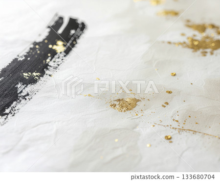 Ink lines and gold leaf accents arranged in the golden ratio - a minimalist, Japanese-modern background that combines serenity and splendor. 133680704