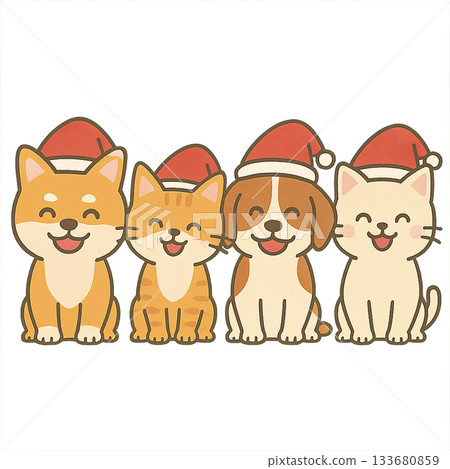 一隻戴著聖誕帽的狗和一隻戴著聖誕帽的貓的插圖 一隻戴著聖誕帽的狗和一隻戴著聖誕帽的貓的插圖 133680859