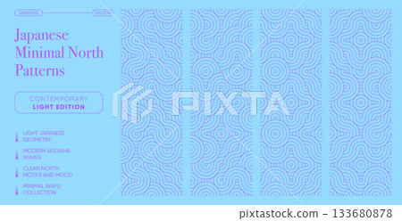 Japanese Minimal North Seamless Pattern Collection. Cool Geometric Waves and Circle Line Motifs for Clean Contemporary Wafu Design and Modern Asian Packaging Japanese Minimal North Seamless Pattern Collection. Cool Geometric Waves and Circle Line Motifs for Clean Contemporary Wafu Design and Modern Asian Packaging 133680878