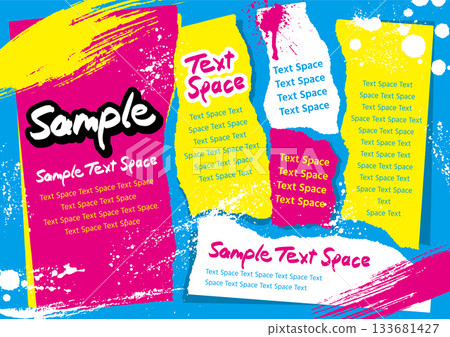 Six paper strips and ink grunge design - pink, yellow, and light blue - horizontal Six paper strips and ink grunge design - pink, yellow, and light blue - horizontal 133681427