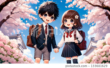 小學春季入學典禮。圖中是個笑容燦爛、手牽手的男孩女孩。 小學春季入學典禮。圖中是個笑容燦爛、手牽手的男孩女孩。 133681629