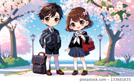 春季小學入學典禮。圖中是笑容燦爛的小學生男孩女孩。 133681635