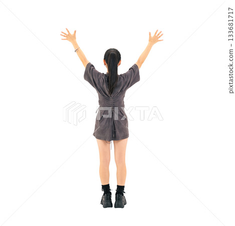 Back view of a teenage girl raising her arms in celebration. Full-body photo PNG with transparent background, precisely cut out by hand. Back view of a teenage girl raising her arms in celebration. Full-body photo PNG with transparent background, precisely cut out by hand. 133681717