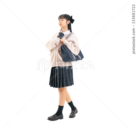 Female student in uniform walking - Full-body photo PNG with transparent background, precisely cut out by hand Female student in uniform walking - Full-body photo PNG with transparent background, precisely cut out by hand 133681722