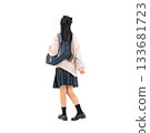 Back view of a female student in uniform. Full-body photo PNG with transparent background, precisely cut out by hand. 133681723