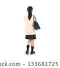 Back view of a female student in uniform. Full-body photo PNG with transparent background, precisely cut out by hand. 133681725