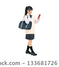 Female student in uniform walking while looking at her smartphone. Full-body photo PNG with transparent background, precisely cut out by hand. 133681726