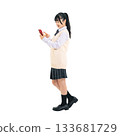 Female student in uniform looking at smartphone. Full-body photo PNG with transparent background, precisely cut out by hand. 133681729