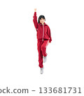A female student in a gym jersey jumping energetically. A transparent, hand-cut, full-body PNG photo. 133681731