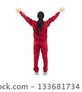 A back view of a female student in a gym jersey raising her arms in a cheer. A transparent, hand-cut, full-body PNG photo. 133681734