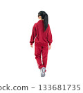 Back view of a female student wearing a gym jersey walking. A transparent, hand-cut, full-body PNG photo. 133681735