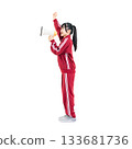 Female student wearing a gym jersey cheering with a loudspeaker. Full-body photo PNG with transparent background, precisely cut out by hand. 133681736