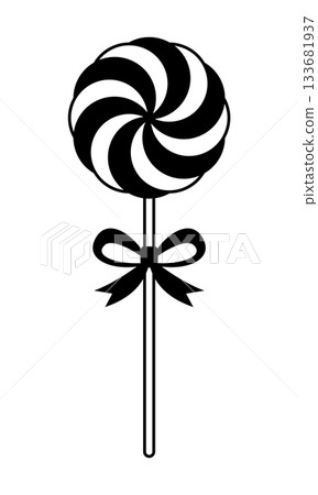 Black candy lollipop icon with swirl pattern and ribbon bow on stick festive Christmas illustration perfect for holiday greeting cards winter decorations seasonal prints party celebration designs 133681937