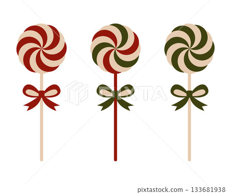 Candy lollipop. Set of three Christmas candy lollipop with swirl patterns and ribbon bows in festive red and green colors perfect for holiday cards decorations prints packaging winter designs Candy lollipop. Set of three Christmas candy lollipop with swirl patterns and ribbon bows in festive red and green colors perfect for holiday cards decorations prints packaging winter designs 133681938