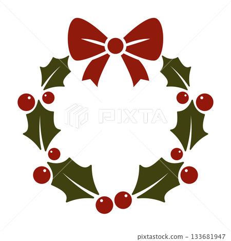 Christmas wreath illustration with holly leaves and berries, festive red bow, simple flat design, traditional holiday decoration, winter seasonal graphic for greeting cards, invitations, posters print Christmas wreath illustration with holly leaves and berries, festive red bow, simple flat design, traditional holiday decoration, winter seasonal graphic for greeting cards, invitations, posters print 133681947
