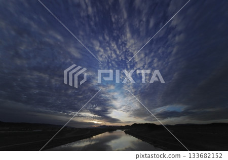 A refreshing dawn sky with various clouds and a river. Spring. Ultra-wide angle. Sky-focused. 240328am A refreshing dawn sky with various clouds and a river. Spring. Ultra-wide angle. Sky-focused. 240328am 133682152