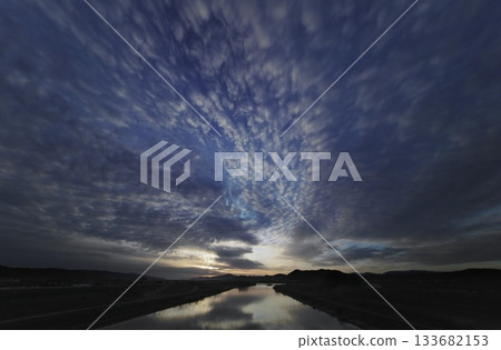A refreshing dawn sky with various clouds and a river. Spring. Ultra-wide angle. Sky-focused. 240328am 133682153