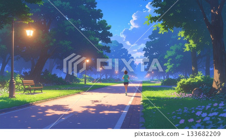 動漫風格的跑酷者在夜間的公園裡奔跑 133682209