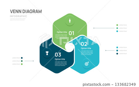Hexagon venn diagram infographic template 3 area options business infograph vector illustration. 133682349