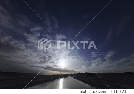 A refreshing morning sky with a variety of clouds and a river. Spring. Ultra-wide angle. Sky-focused. 240328am 133682363