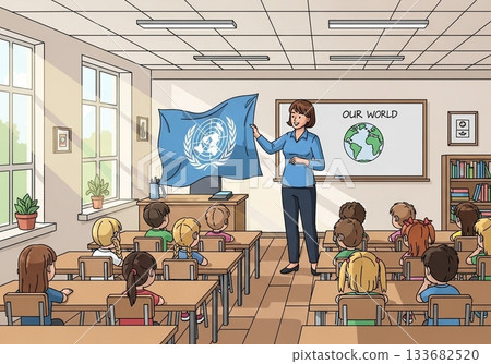 school classroom with teacher and pupils 133682520