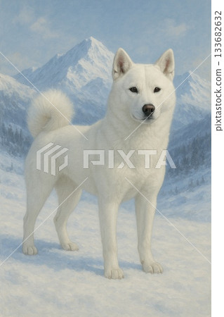 A realistic illustration of a white Hokkaido dog standing in a snowy mountain 133682632