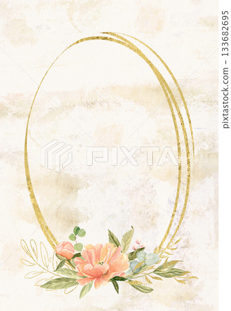 Peony flowers in peach tones, green leaves, berries watercolor frame on textured beige. Hand-painted with golden detail, perfect for wedding invitations, branding, packaging, fabric design, cards 133682695