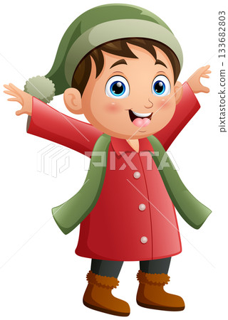 Cute little boy cartoon wearing winter clothes 133682803