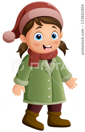 Cartoon little girl wearing winter clothes 133682804