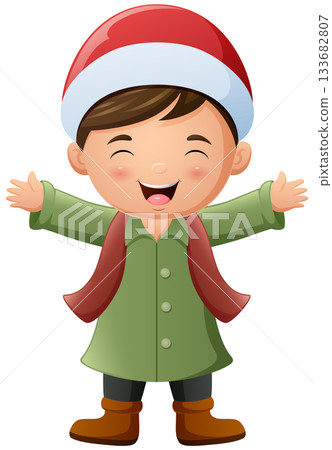 Happy little boy cartoon wearing winter clothes 133682807