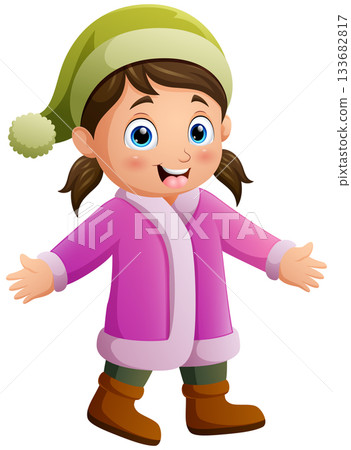 Cute little girl cartoon wearing winter clothes 133682817