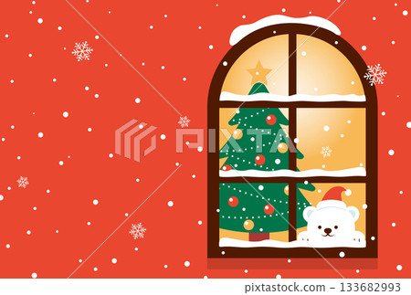 Background illustration of a polar bear looking at the snow from a window and a Christmas tree Background illustration of a polar bear looking at the snow from a window and a Christmas tree 133682993