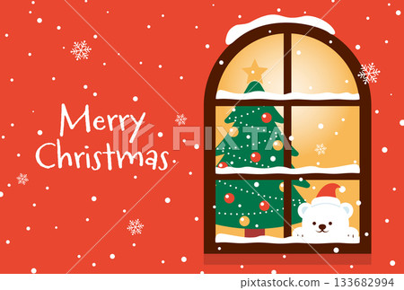 Background illustration of a polar bear looking at the snow from a window and a Christmas tree Background illustration of a polar bear looking at the snow from a window and a Christmas tree 133682994