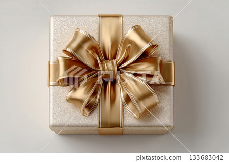 Premium gift box. Gold box wrapped with a bow on white background. Jewelry, birthdays, Christmas and luxury branding. Premium gift box. Gold box wrapped with a bow on white background. Jewelry, birthdays, Christmas and luxury branding. 133683042