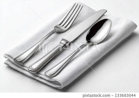 Luxury dining. Set for everyday dining, Fork, knife and spoon on a white background. Dining settings. Luxury dining. Set for everyday dining, Fork, knife and spoon on a white background. Dining settings. 133683044