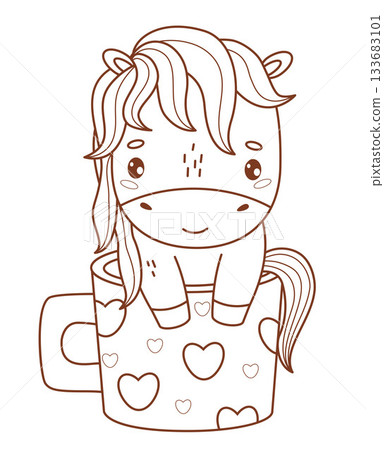 Outline Cute Horse in Romantic Cup of Hearts. Little enamored Cartoon Pony Kawaii Animal. Line drawing, coloring book. Vector illustration. Kids collection. Not AI Outline Cute Horse in Romantic Cup of Hearts. Little enamored Cartoon Pony Kawaii Animal. Line drawing, coloring book. Vector illustration. Kids collection. Not AI 133683101