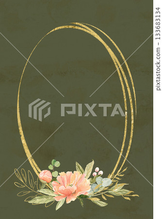 Peony flowers in peach tones, green leaves, berries watercolor frame on textured green. Hand-painted with golden detail, perfect for wedding invitations, branding, packaging, fabric design, cards 133683134