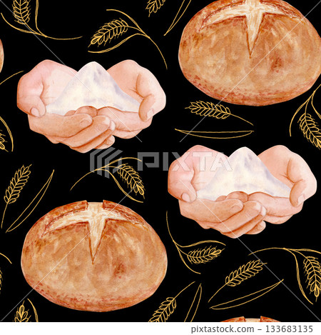Bread, flour in cupped hands, golden wheat elements watercolor seamless pattern on a black background. Natural bakery theme, warm tones, ideal for packaging, branding, menus, and artisan food projects 133683135