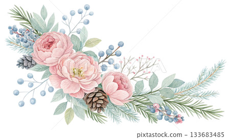 Christmas garland botanical border with  flowers 133683485