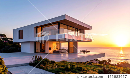 人工智慧生成的圖像，展現了一棟豪華的獨立式住宅，擁有俯瞰大海的大窗戶和潔白閃亮的牆壁。 133683657