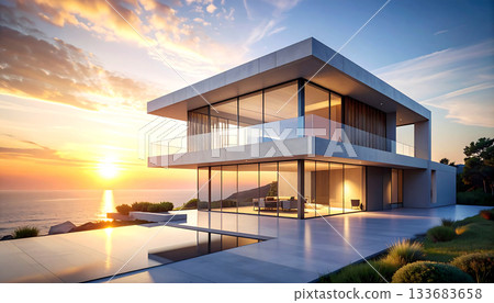 人工智慧生成的圖像，展現了一棟白色獨立住宅和壯麗的海濱日落，體現了現代之美。 133683658