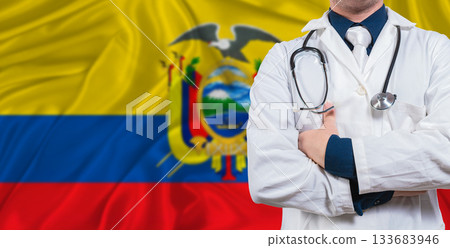 Male doctor with stethoscope on Ecuador flag. Doctor holding stethoscope on Ecuador flag 133683946