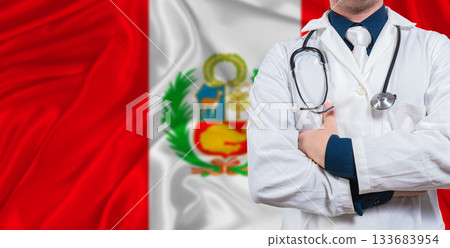 Male doctor with stethoscope on Peru flag. Doctor holding stethoscope on Peru flag Male doctor with stethoscope on Peru flag. Doctor holding stethoscope on Peru flag 133683954